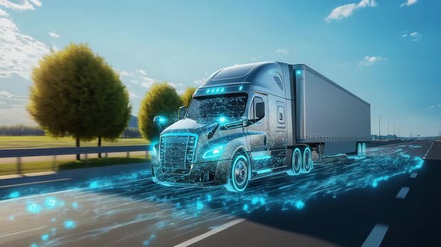 Futuristic autonomous truck with glowing blue digital network overlay driving on a highway, representing advanced technology and logistics 4k video - Powered by Adobe