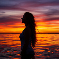 Fototapeta premium Silhouette of a Woman at Golden Hour Sunset Over Water