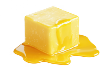 Melting yellow butter cube isolated on a transparent background