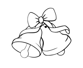 Hand drawn vector of festive bells tied with ribbon bow, minimalist black outline style perfect for Christmas decor, wedding design, greeting cards, or holiday graphic illustration