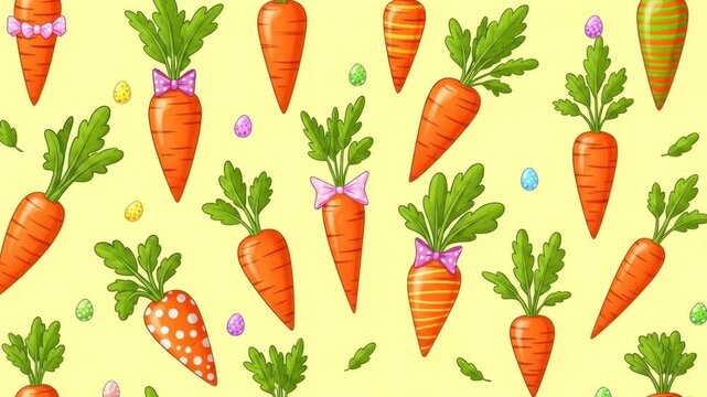 A cheerful, seamless pattern features whimsical orange carrots with green tops, decorated with bows and patterns. Scattered Easter eggs accent the yellow backdrop
