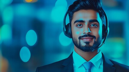 Young South Asian male professional wearing headset and business suit smiling confidently against blurred blue bokeh background, representing customer service and tech support.