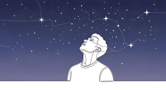Man looking up at the stars in the night sky with constellations above him