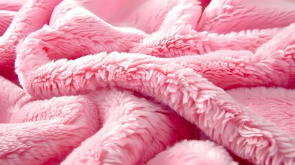 Soft pink plush fabric with fluffy texture and folds creating cozy background pattern. Gentle furry material surface close up view for textile and comfort designs.