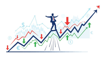 Strategic Business Professional Skillfully Navigating Dynamic Financial Markets, Balancing Investment Risk Amidst Volatility, Growth, and Economic Fluctuations