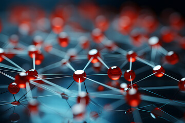 Close-up view of interconnected red particles showcasing molecular structure and scientific exploration in a dark environment