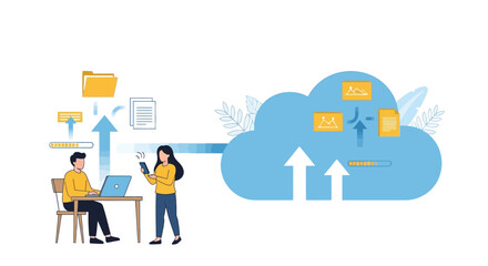 Modern flat vector illustration of colleagues investing in cloud computing services for seamless data synchronization and secure online storage
