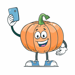 doodle icon vector Funny Halloween pumpkin, takes a selfie in the supermarket