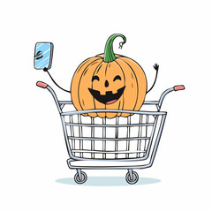 doodle icon vector Funny Halloween pumpkin, takes a selfie in the supermarket