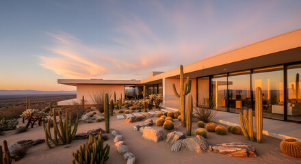 Modern desert home with expansive windows and cacti during a vibrant sunset.