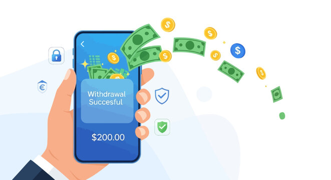 Successful mobile transaction Illustration of cash withdrawal process from a smartphone