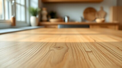 Close-up of a wooden table surface highlighting natural grain texture under soft kitchen light.