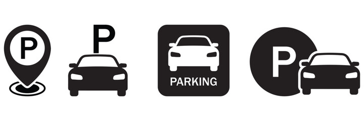 Car Parking Icon Set – Vehicle Park Symbol and Road Sign Vector Illustration for Transport and Navigation Design