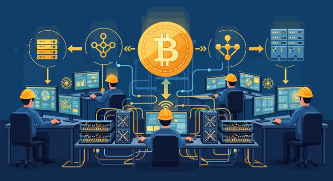 Bitcoin Network Operation Center Digital Currency Mining and Processing Illustration