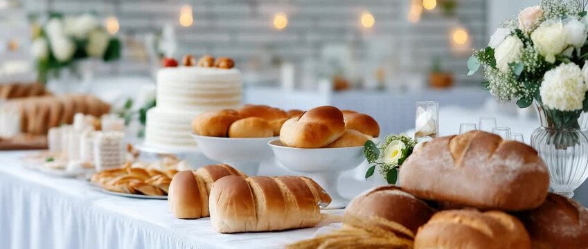 A stunning table filled with various pastries and breads, complemented by elegant floral arrangements for a special event - Powered by Adobe