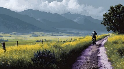 Obraz premium A solitary cyclist pedals a dirt path through vibrant wildflowers towards majestic mountains