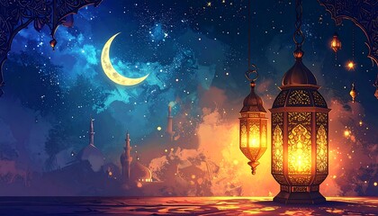 A celestial scene showcases a glowing crescent moon amid a starry night, with ornate lanterns illuminating the foreground and minarets in the distance