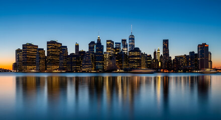 Vibrant new york city skyline at dusk with colorful reflections on water