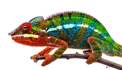 Obraz premium A brightly colored reptile perches on a slender branch against a clean white backdrop, showing intricate details and vibrant hues