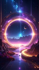 Futuristic scenic view with vibrant lights, portal, and starry sky