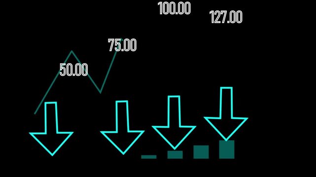 Teal bar chart with falling arrows and numeric data on dark background visualizing trends and stats. Bar chart with downward arrows and numbers in teal on black background showing graph statistics.