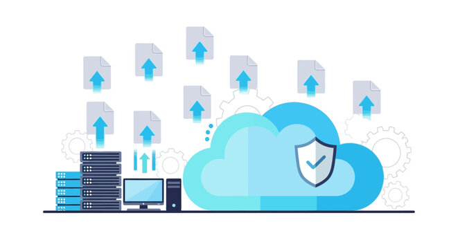 Secure file upload and data migration to a protected cloud server, representing an investment in digital protection and online backup solutions