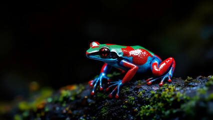 Vibrant Poison Dart Frog on Mossy Jungle Log