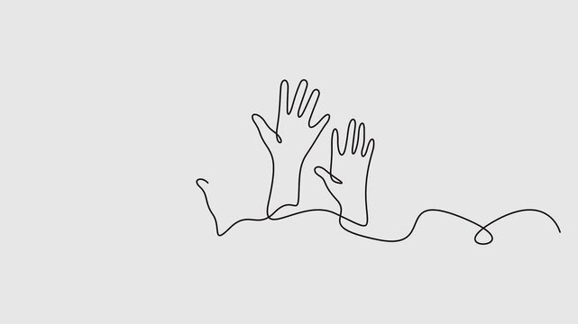 Hands raised up volunteering, audiences and teamwork continuous one line art drawn animated video