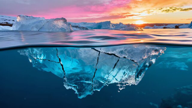 Majestic Split-View of Iceberg at Colorful Sunset Cinemagraph