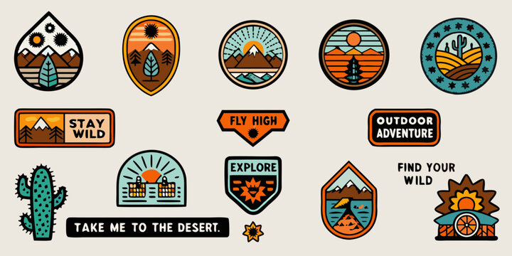 Collection of outdoor adventure patches and stickers featuring mountains forests and desert landscapes