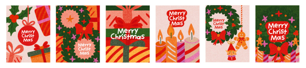 Merry Christmas and Happy New Year greeting card Set. Modern beautiful Xmas design with typography, Christmas tree, fir branches, balls and toys. Art banner, poster, cover templates