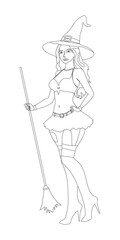A Halloween beautiful glamorous pin-up witch character line art illustration. A sorceress character in a modern costume, ready to be colored. A drawing for a fantasy art, A fun October craft activity.