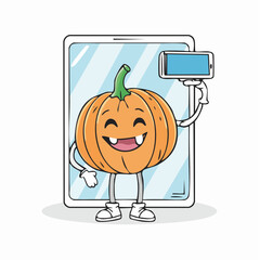 doodle icon vector Funny Halloween pumpkin, takes a selfie in the supermarket