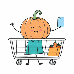 doodle icon vector Funny Halloween pumpkin, takes a selfie in the supermarket