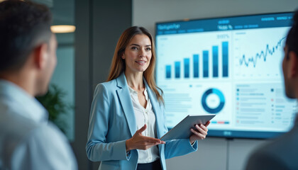 Businesswoman leads corporate seminar for colleagues. Woman presents financial data to coworkers during business meeting. People discuss company strategy using graphs on screen. Speaker with tablet