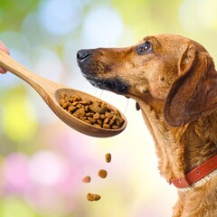 Dog gazing at food falling from wooden spoon, against blurred background
