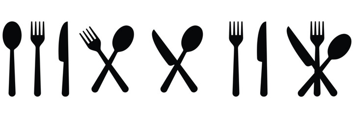 Silverware Icon Set – Fork, Spoon, Knife and Plate Vector Illustration for Restaurant and Food Design