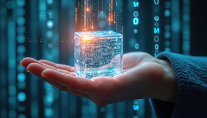 Human hand holds transparent cube with digital data symbols. Light beams project from cube. Holographic shield surrounds cube, representing secure data. Background shows blurred server room with