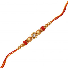 Fototapeta premium Golden Rakhi with Red Beads and Diamond Centerpiece on Transparent Background Black indian festival