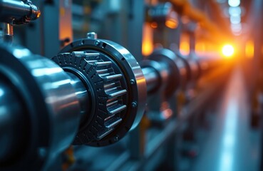 Fototapeta premium Industrial machinery on automated production line in smart factory. Close up of metal gear component on conveyor system. Process represents precision engineering, robotic automation, advanced tech