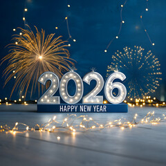 Happy New Year 2026 with Fireworks and String Lights Celebration Keywords: 2026, New Year, Happy New Year, celebration, fireworks, sparklers
