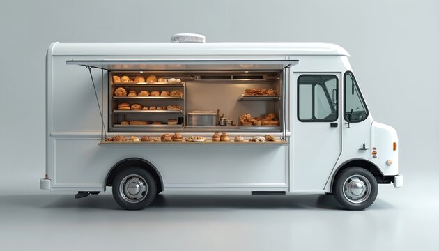White food truck with open serving window displays bread, pastry. Bakery products exhibited at foodtruck. Mobile shop selling buns, snacks. Street food car at catering event. Small business startup.