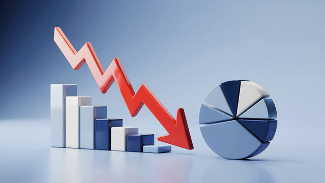 Falling red arrow highlights negative trend in financial pie chart and bar graph signaling economic decline
