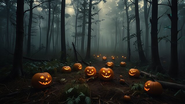 Enchanted Forest Clearing Filled with Glowing Pumpkins and Misty Fog Effects