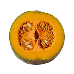 Halved pumpkin with seeds isolated on transparent background