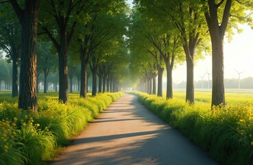 Obraz premium Long path leads through green tree avenue. Yellow wildflowers, fresh grass line road. Sunlight filters through leaves, casting shadows. Wind turbines stand in distant field, peaceful rural eco scene