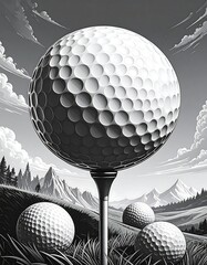 Giant golf ball on tee, sunny day landscape with balls on course