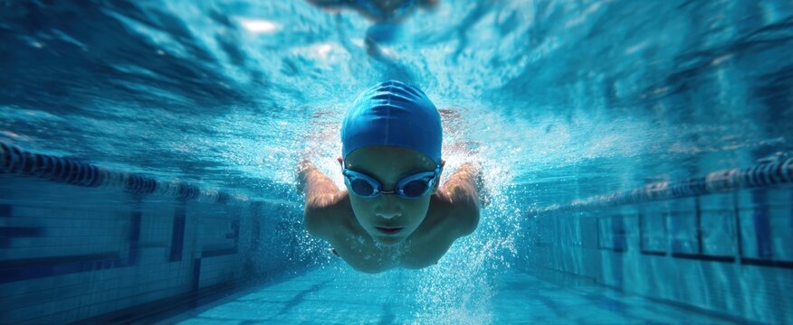 The Swimmer Underwater Pushing Through Pool Water During Competitive Training Session