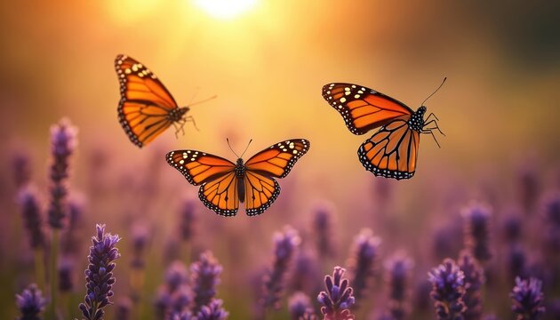 Monarch butterflies fly over blooming lavender field at sunset. Insects with orange wings in garden. Floral nature summer wallpaper. Butterflies pollinate flowers. Wildlife in meadow at dusk relaxing.