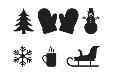 Collection of black winter holiday icons on white background